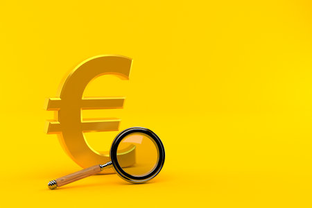 Euro currency with magnifying glass isolated on orange background. 3d illustrationの写真素材
