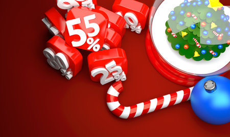 Percent numbers with christmas ornament on red background. 3d illustrationの写真素材