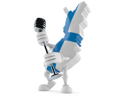 Finland character singing into microphone isolated on white background. 3d illustrationの写真素材