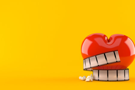 Heart with film strip isolated on orange background. 3d illustrationの写真素材