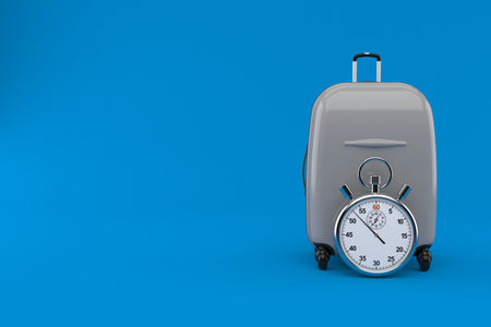Suitcase with stopwatch isolated on blue background. 3d illustrationの写真素材