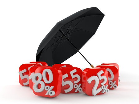 Umbrella with percent symbols isolated on white background. 3d illustrationの写真素材