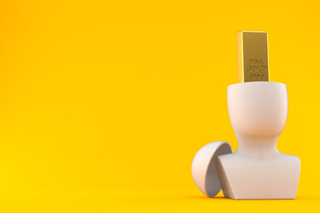 Gold ingot inside head isolated on orange background. 3d illustrationの写真素材