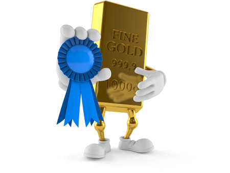Gold ingot character with award ribbon isolated on white background. 3d illustrationの写真素材