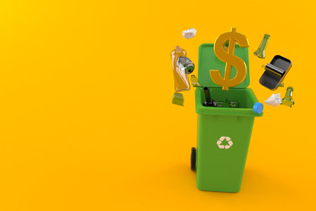 Dollar currency with dustbin isolated on orange background. 3d illustrationの写真素材