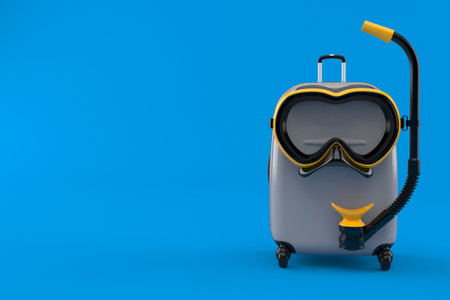 Suitcase with scuba diving mask isolated on blue background. 3d illustrationの写真素材