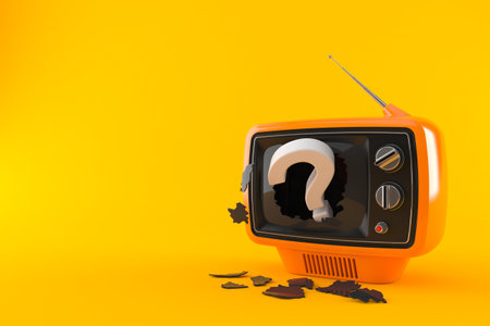 Question mark inside old tv isolated on orange background. 3d illustrationの写真素材