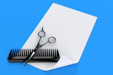 Barber scissors with blank sheet of paper isolated on blue background. 3d illustrationの写真素材