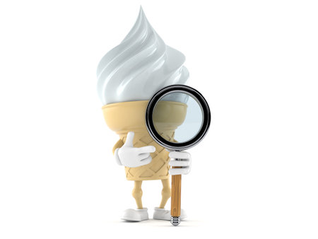 Ice cream character with magnifying glass isolated on white background. 3d illustrationの写真素材