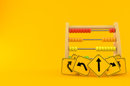 Wooden abacus with road signs isolated on orange background. 3d illustrationの写真素材