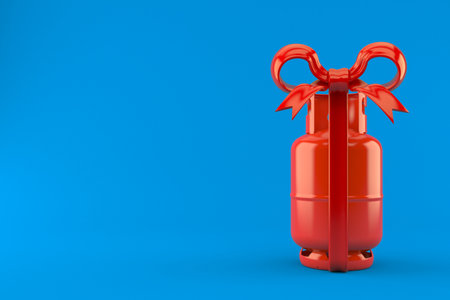 Propane bottle with red ribbon isolated on blue background. 3d illustrationの写真素材