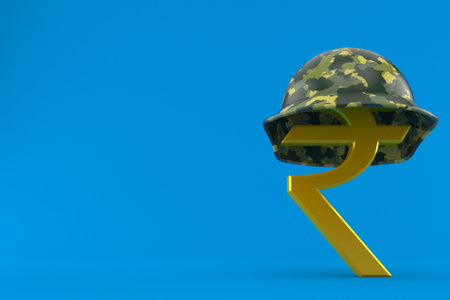 Rupee currency symbol with military helmet isolated on blue background. 3d illustrationの写真素材