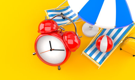 Alarm clock with deck chair and umbrella on orange background. 3d illustrationの写真素材