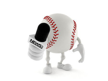 Baseball character holding interview microphone isolated on white background. 3d illustrationの写真素材