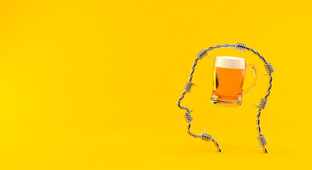 Glass of beer inside barbed wire head isolated on orange background. 3d illustrationの写真素材