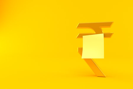 Rupee currency symbol with blank yellow sticker isolated on orange background. 3d illustrationの写真素材
