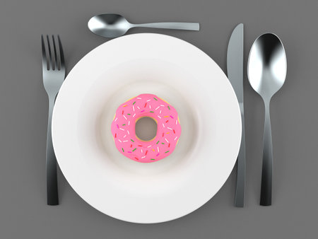 Meal with donut isolated on gray background. 3d illustrationの写真素材