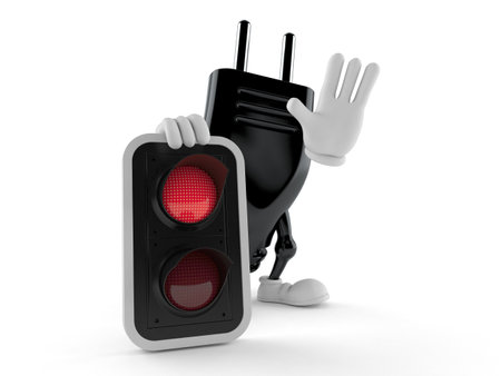 Electric plug character with red light isolated on white background. 3d illustrationの写真素材