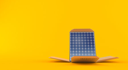 Photovoltaic panel inside package isolated on orange background. 3d illustrationの写真素材
