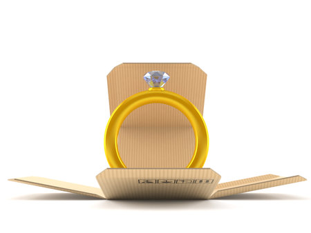 Engagement ring inside package isolated on white background. 3d illustrationの写真素材