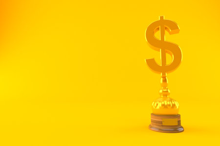 Dollar currency golden trophy isolated on orange background. 3d illustrationの写真素材