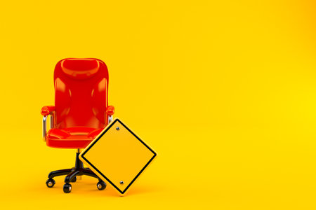 Business chair with blank road sign isolated on orange background. 3d illustrationの写真素材