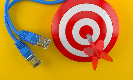 Bull's eye with network cable on orange background. 3d illustration