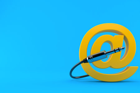 Email symbol with audio cable isolated on blue background. 3d illustrationの写真素材