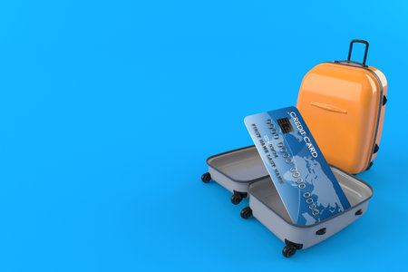 Credit card inside suitcase isolated on blue background. 3d illustrationの写真素材