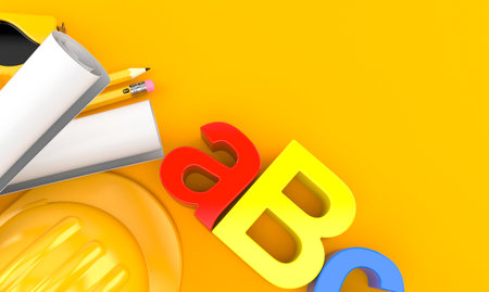 ABC text with hardhat and blueprints on orange background. 3d illustration