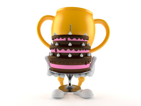 Golden trophy character holding cake isolated on white background. 3d illustrationの写真素材
