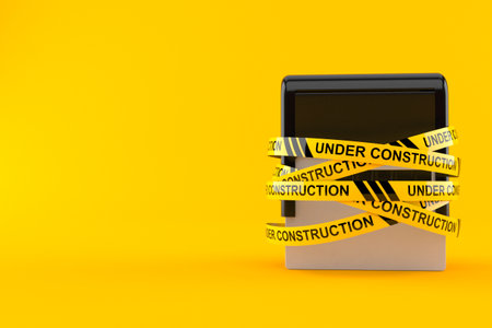 Rubber stamp with under construction tape isolated on orange background. 3d illustration