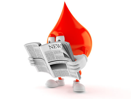 Blood drop character reading newspaper isolated on white background. 3d illustrationの写真素材