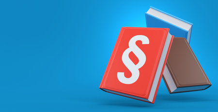 Book with paragraph symbol on cover on blue background. 3d illustrationの写真素材