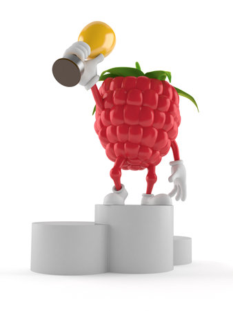 Raspberry character on podium holding trophy isolated on white background. 3d illustrationの写真素材