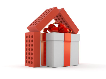 Gift box inside house of bricks isolated on white background. 3d illustrationの写真素材