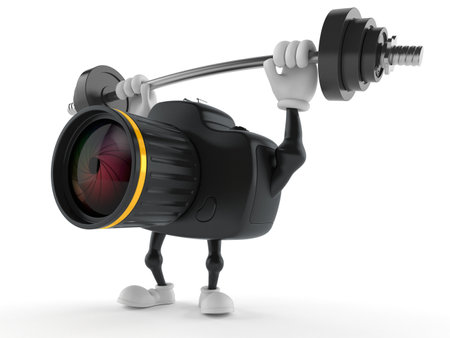 Camera character lifting heavy barbell isolated on white background. 3d illustrationの写真素材
