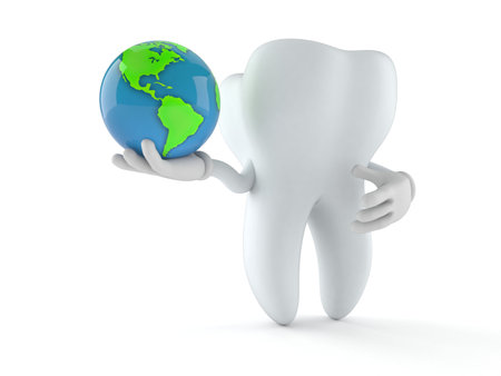 Tooth character holding world globe isolated on white background. 3d illustrationの写真素材