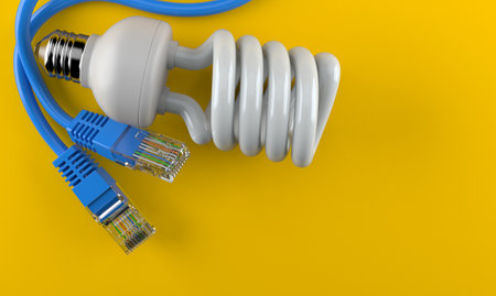 Light bulb with network cable on orange background. 3d illustration