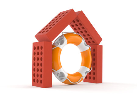 Life buoy inside house of bricks isolated on white background. 3d illustrationの写真素材