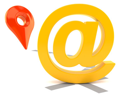 Email symbol with position marker isolated on white background. 3d illustrationの写真素材