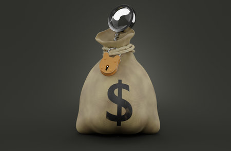 Money bag with magnifying glass inside on gray background. 3d illustrationの写真素材