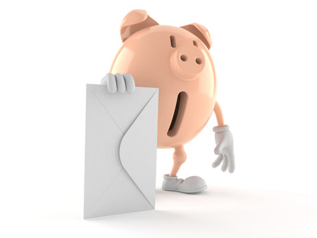Piggy bank character with envelope isolated on white background. 3d illustrationの写真素材