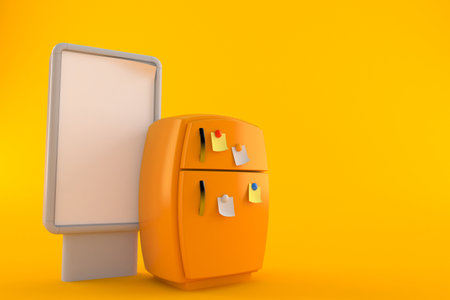 Fridge with blank billboard isolated on orange background. 3d illustrationの写真素材