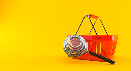 Shopping basket with magnifying glass isolated on orange background. 3d illustrationの写真素材