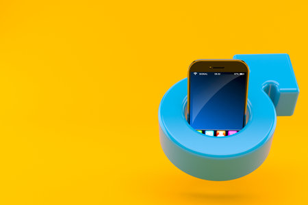 Smartphone inside male gender symbol isolated on orange background. 3d illustrationの写真素材