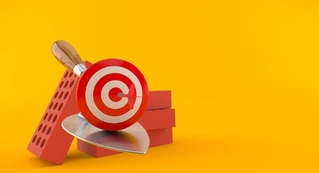 Bull's eye with trowel and bricks isolated on orange background. 3d illustrationの写真素材