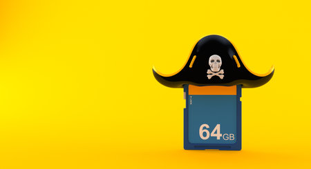 SD card with pirate hat isolated on orange background. 3d illustrationの写真素材