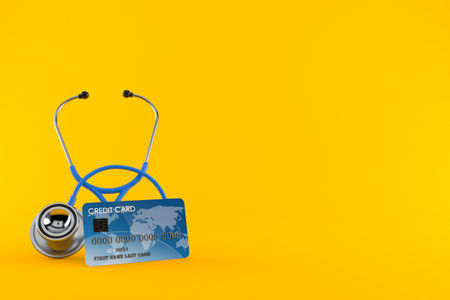 Stethoscope with credit card isolated on orange background. 3d illustrationの写真素材