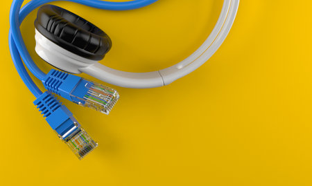 Headphones with network cable on orange background. 3d illustration